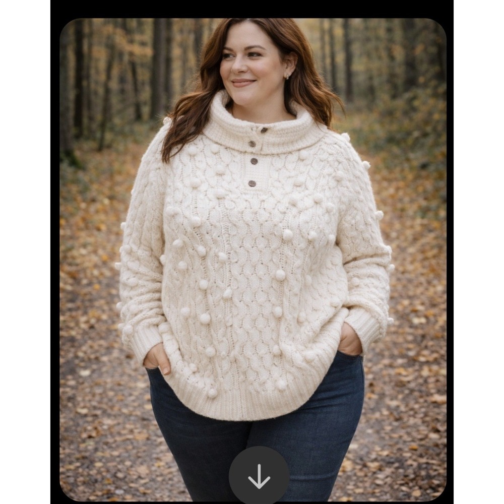 andthewhy Cream Cable Knit Pom Pom‎ Cardigan Sweater 1X 2X